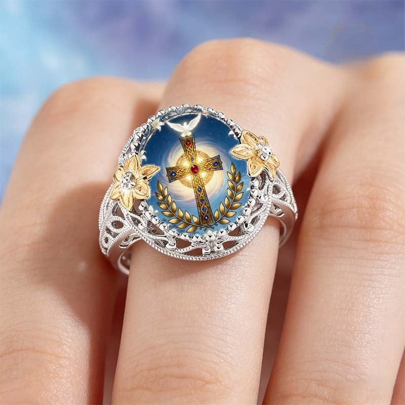 Celestial Cross & Floral Statement Ring