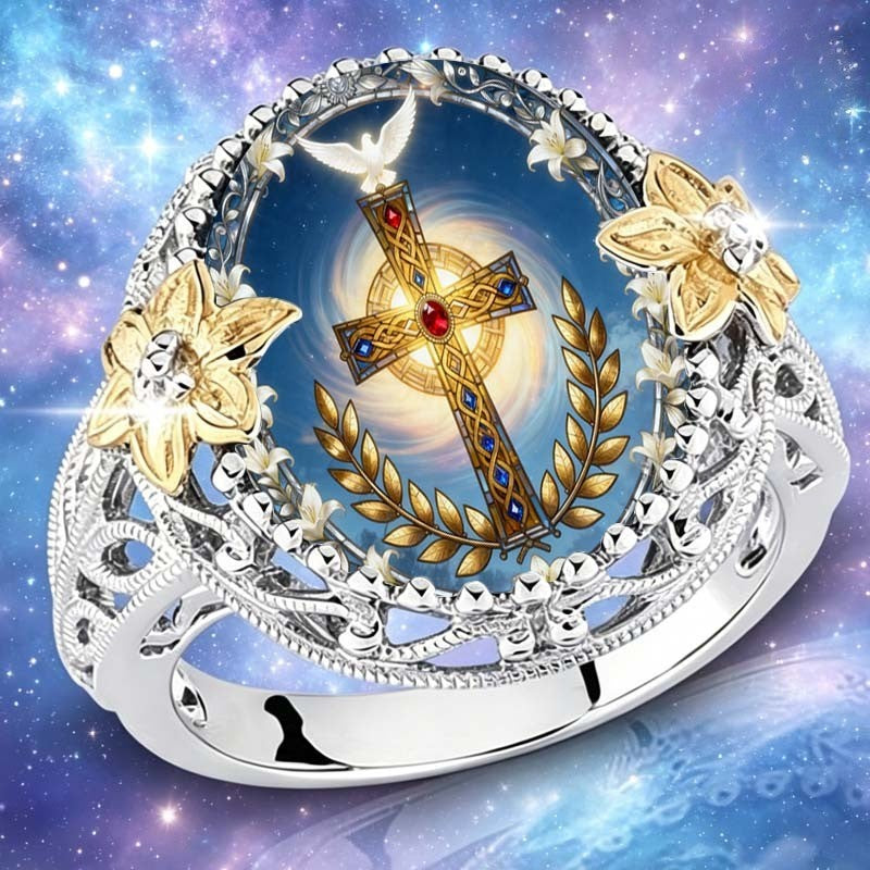 Celestial Cross & Floral Statement Ring