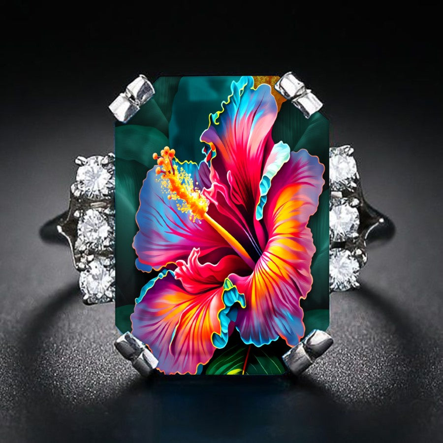 Colorful Hibiscus Rectangular Ring