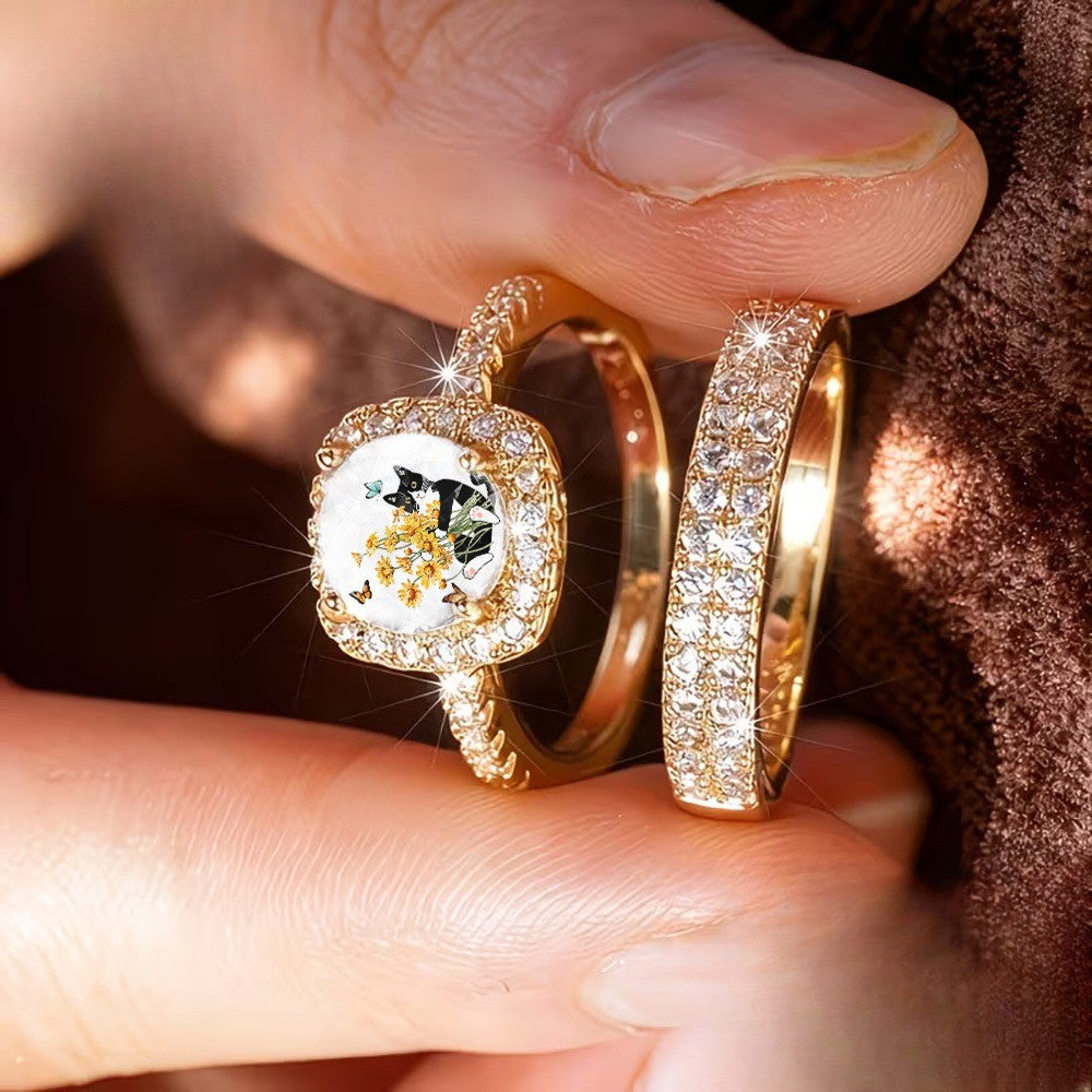Cat & Floral Square Ring Set