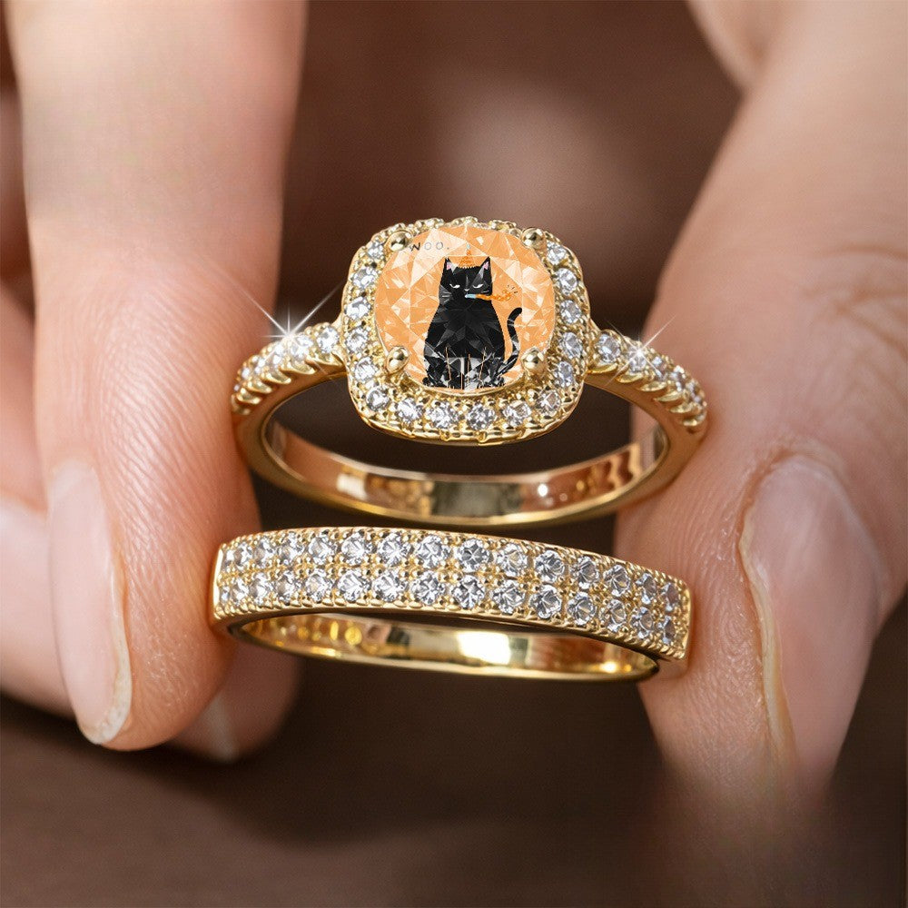 Black Cat Crystal Square Ring Set