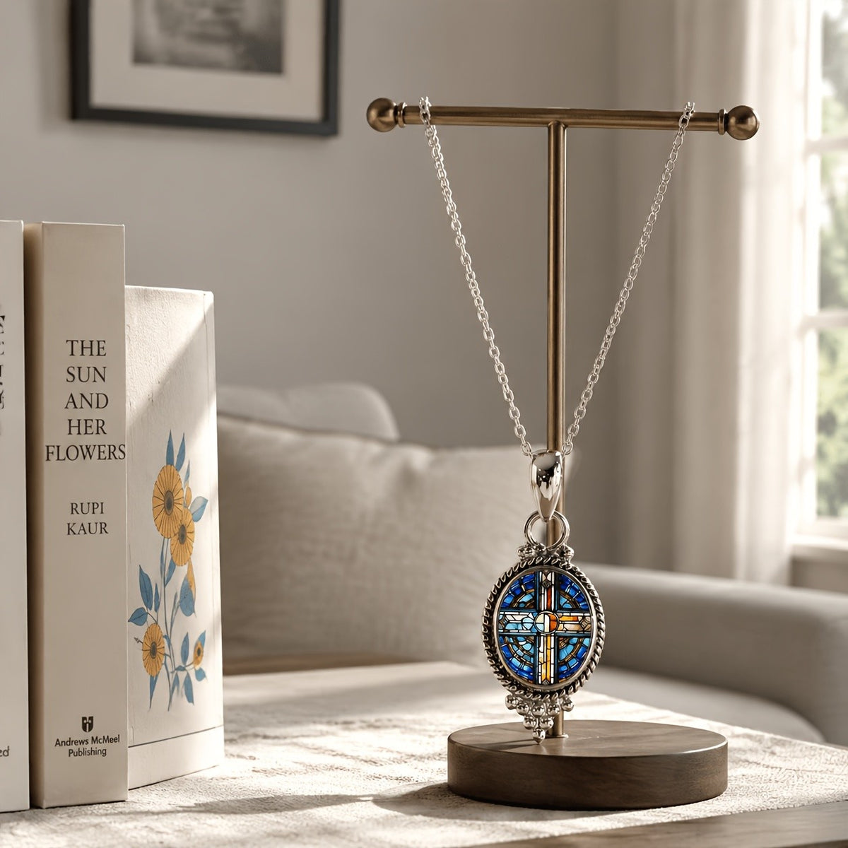 Stained Glass Cross Oval Necklace