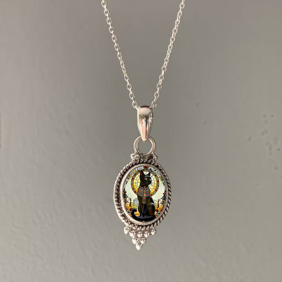 Stained Glass Cat Oval Necklace