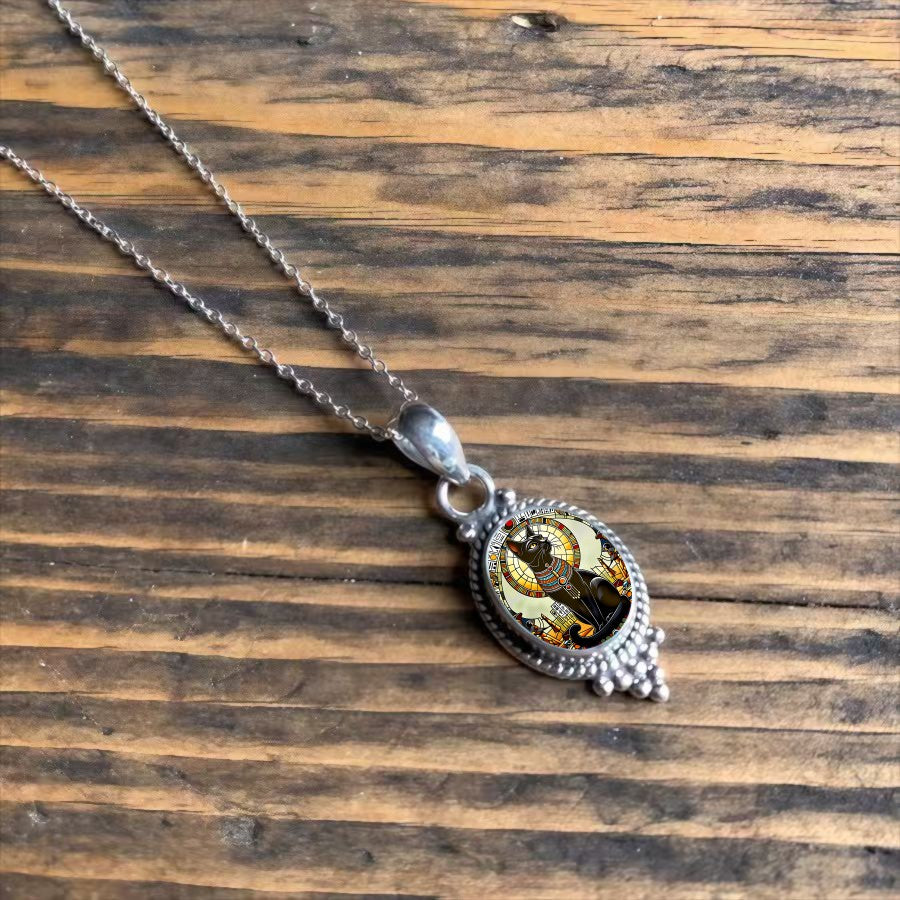 Stained Glass Cat Oval Necklace