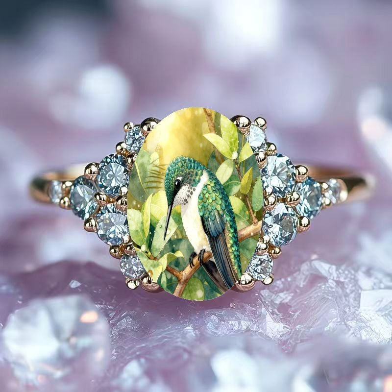 Hummingbird & Leaf Oval Ring