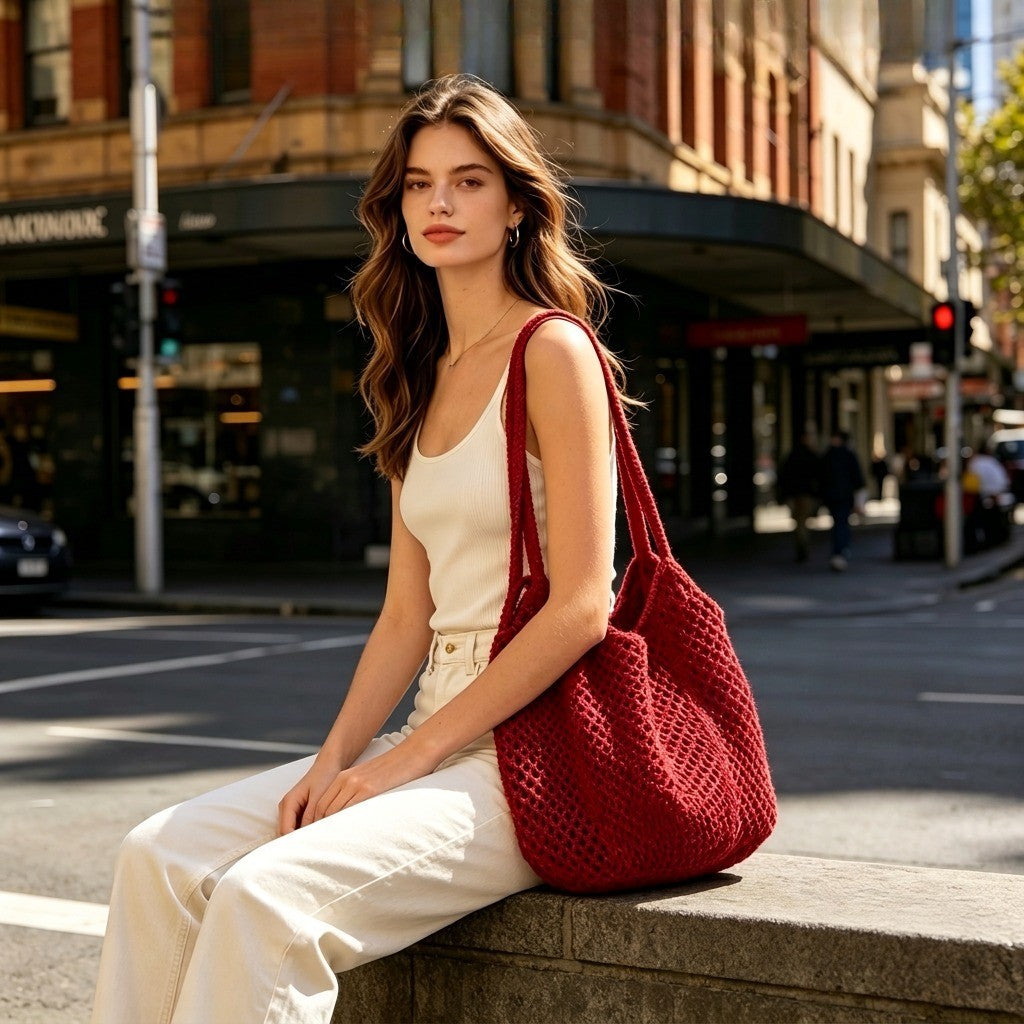 Red Knit Mesh Tote Bag