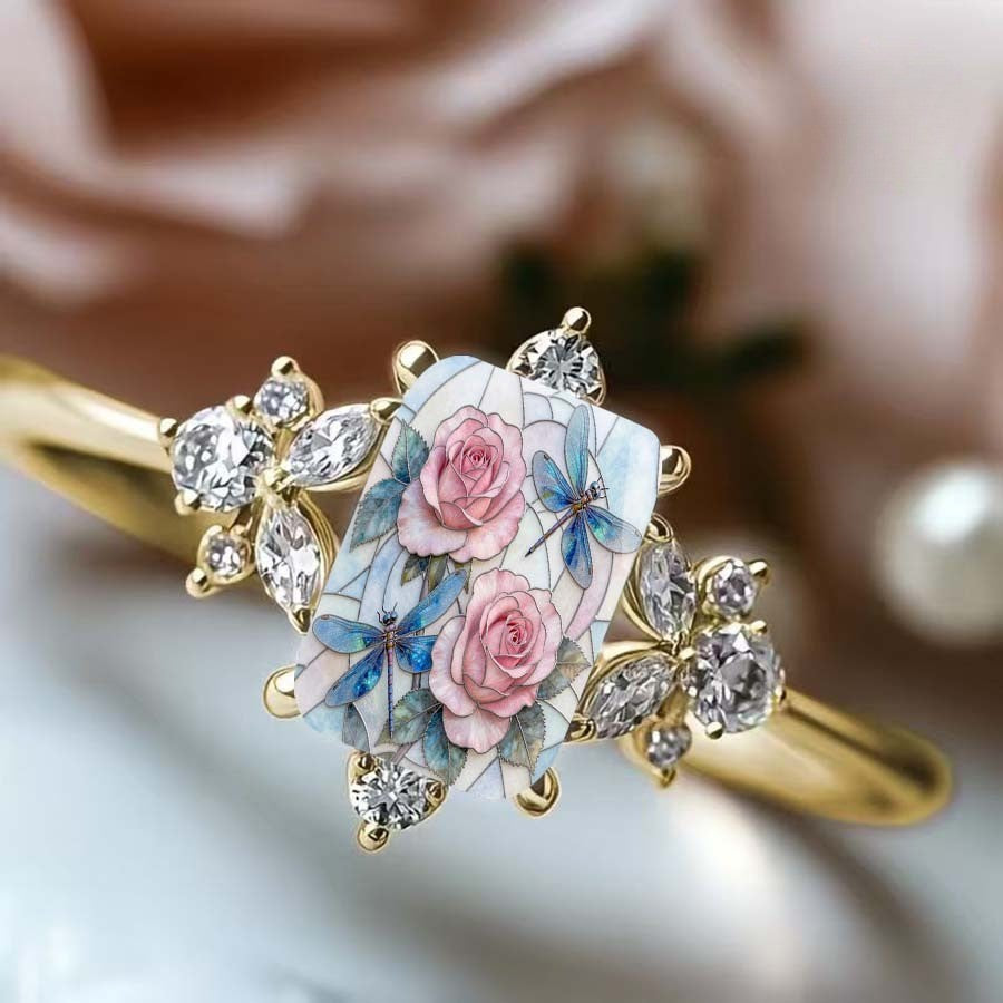 Pink Rose & Dragonfly Glass Ring