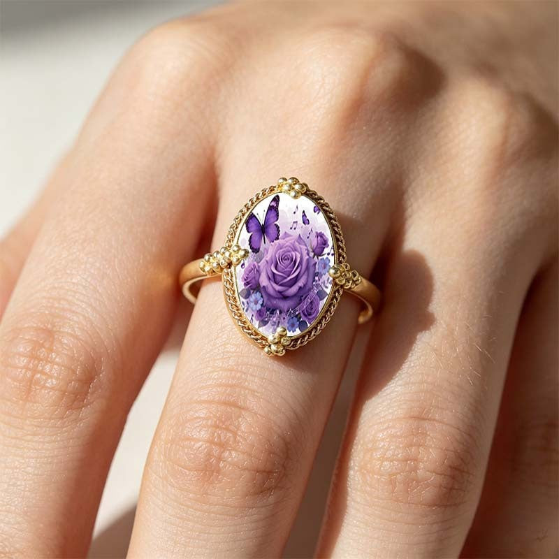 Purple Rose & Butterfly Oval Ring
