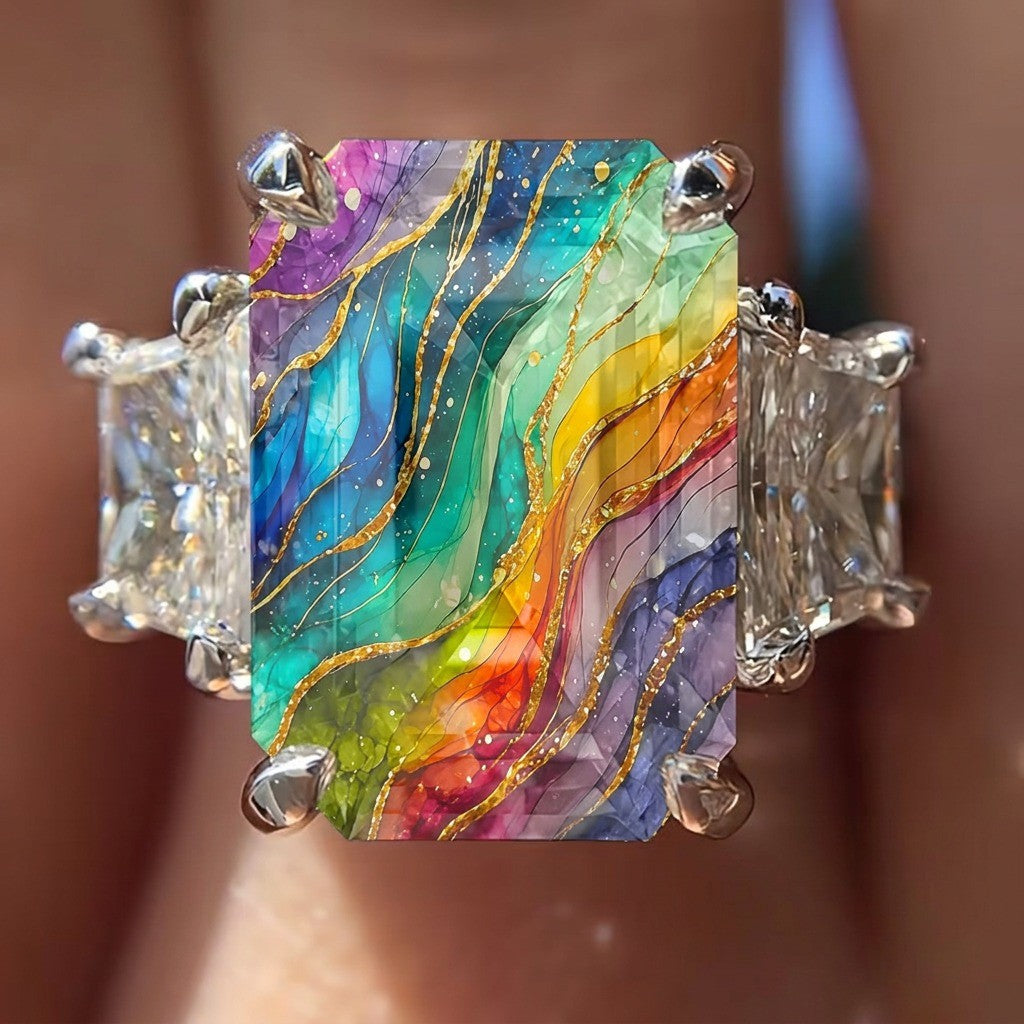 Colorful Fluid Art Square Ring