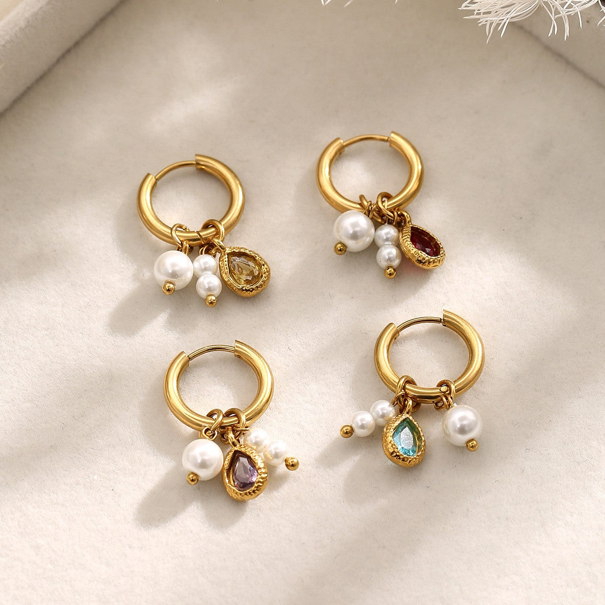 Multi-Gemstone Pearl Hoop Earrings