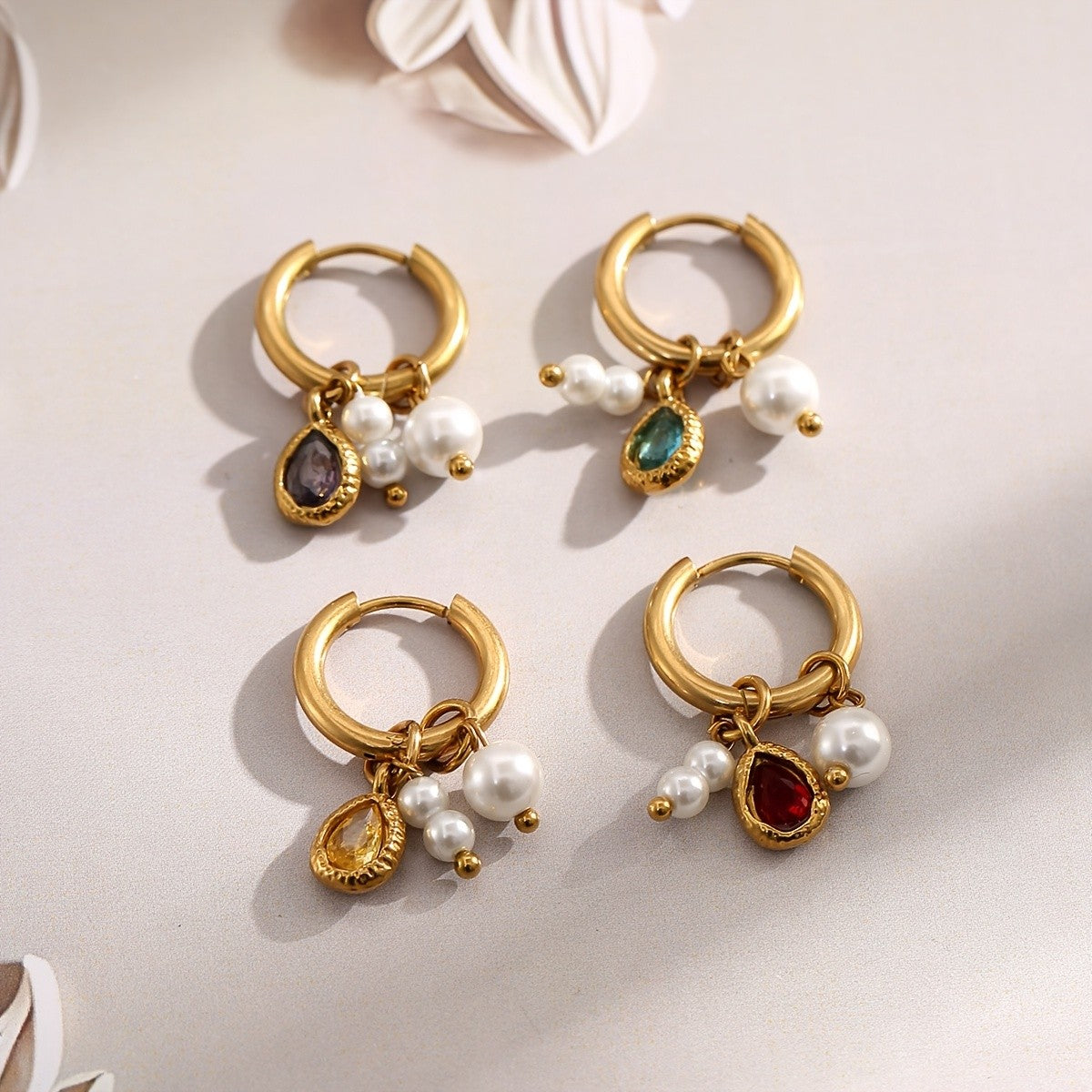 Multi-Gemstone Pearl Hoop Earrings