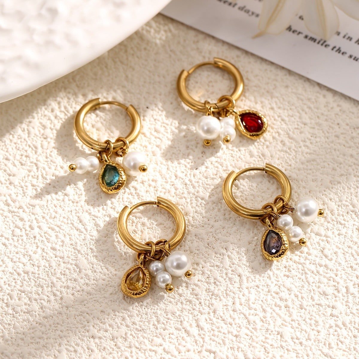 Multi-Gemstone Pearl Hoop Earrings