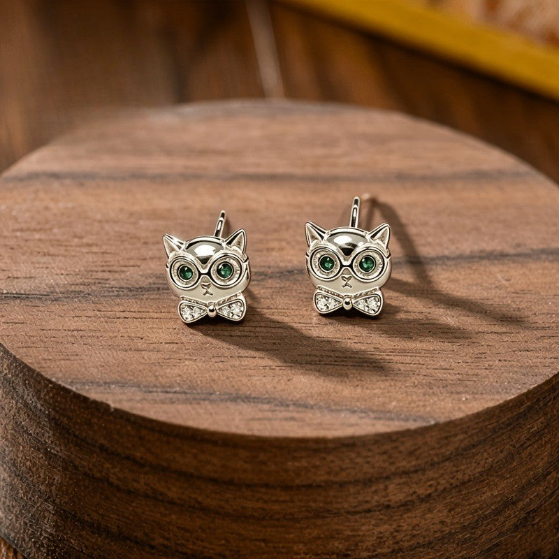 Green Crystal Owl Bow Stud Earrings