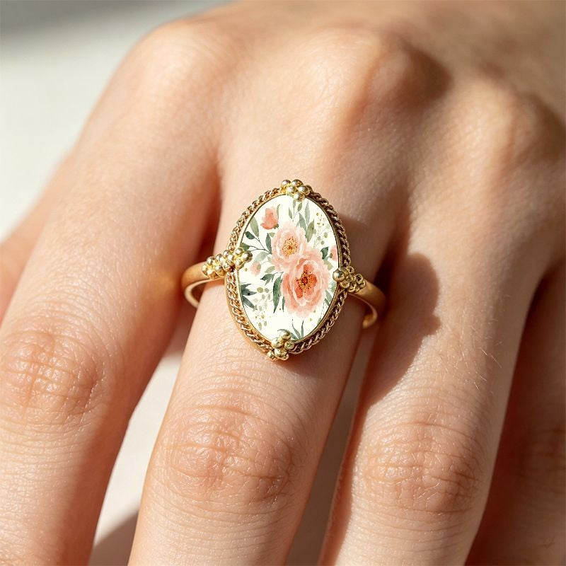 Pink Watercolor Floral Oval Ring