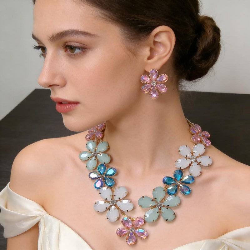 Pastel Crystal Flower Necklace & Earring Set