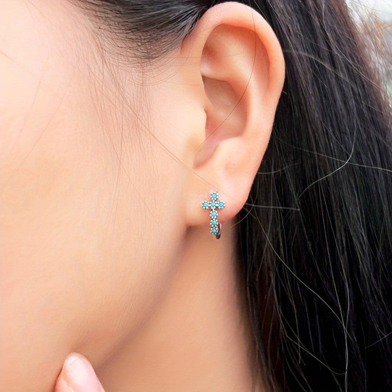 Blue Zircon Cross Hoop Earrings