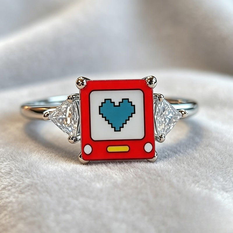 Blue Pixel Heart Square Ring