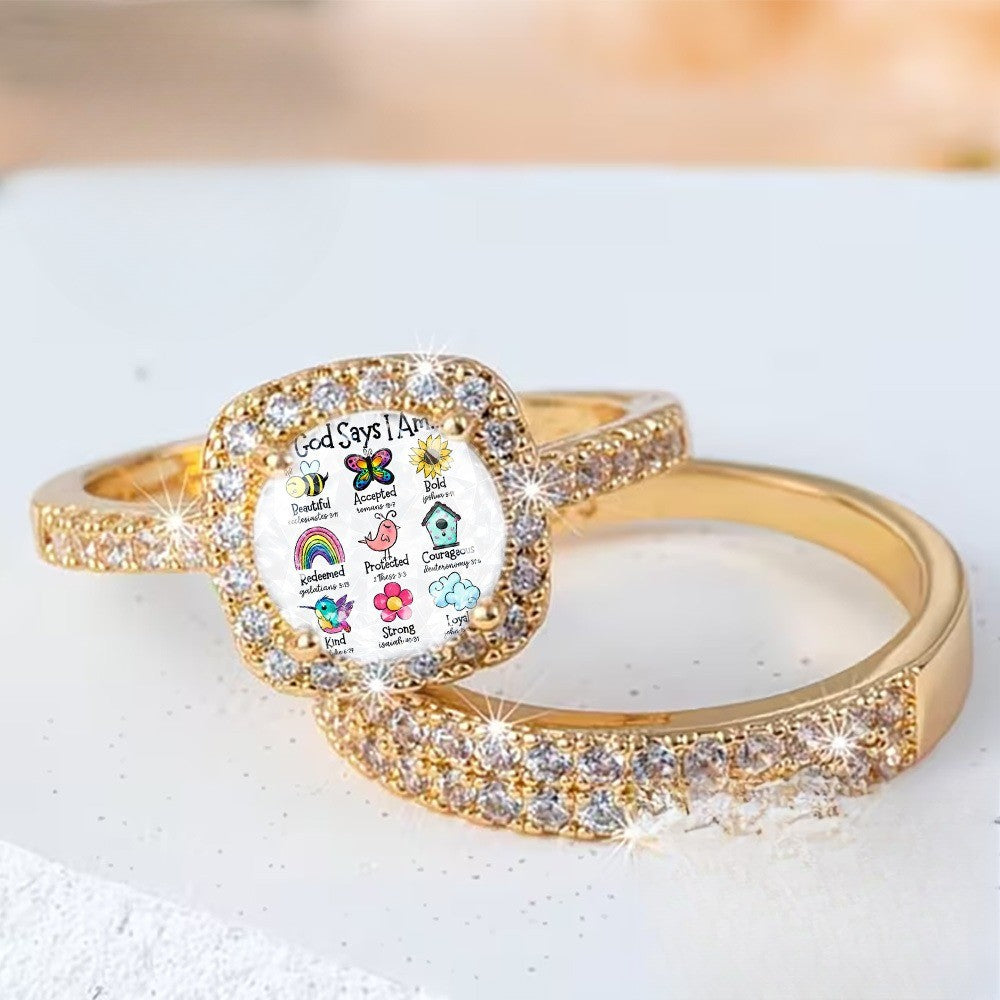 Square Charm & Crystal Band Ring Set