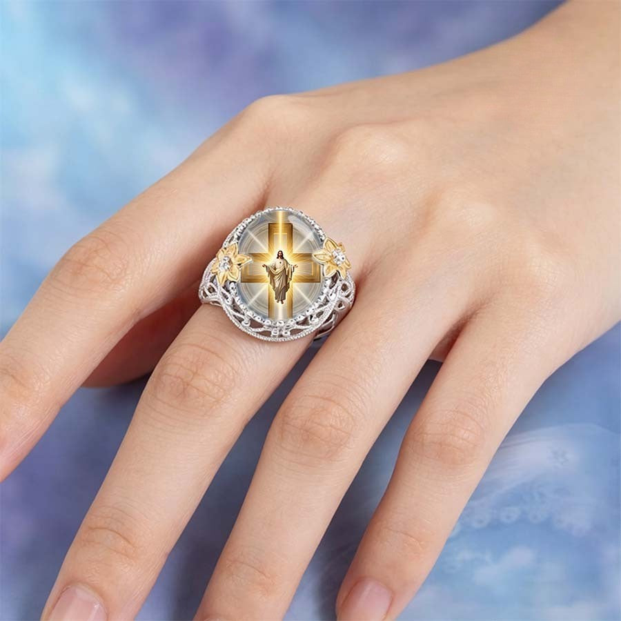 Jesus & Floral Cross Statement Ring