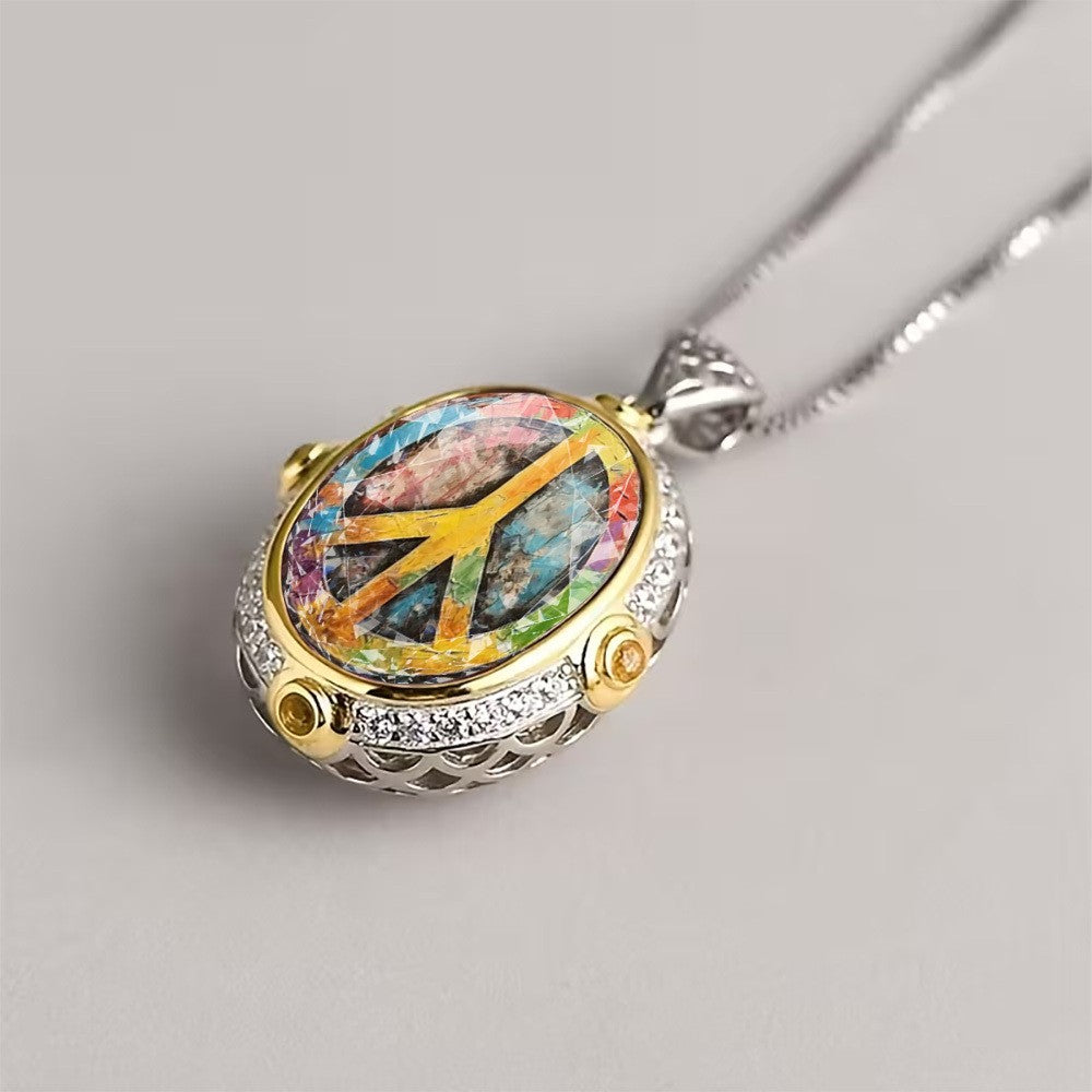 Rainbow Peace Sign Oval Pendant Necklace
