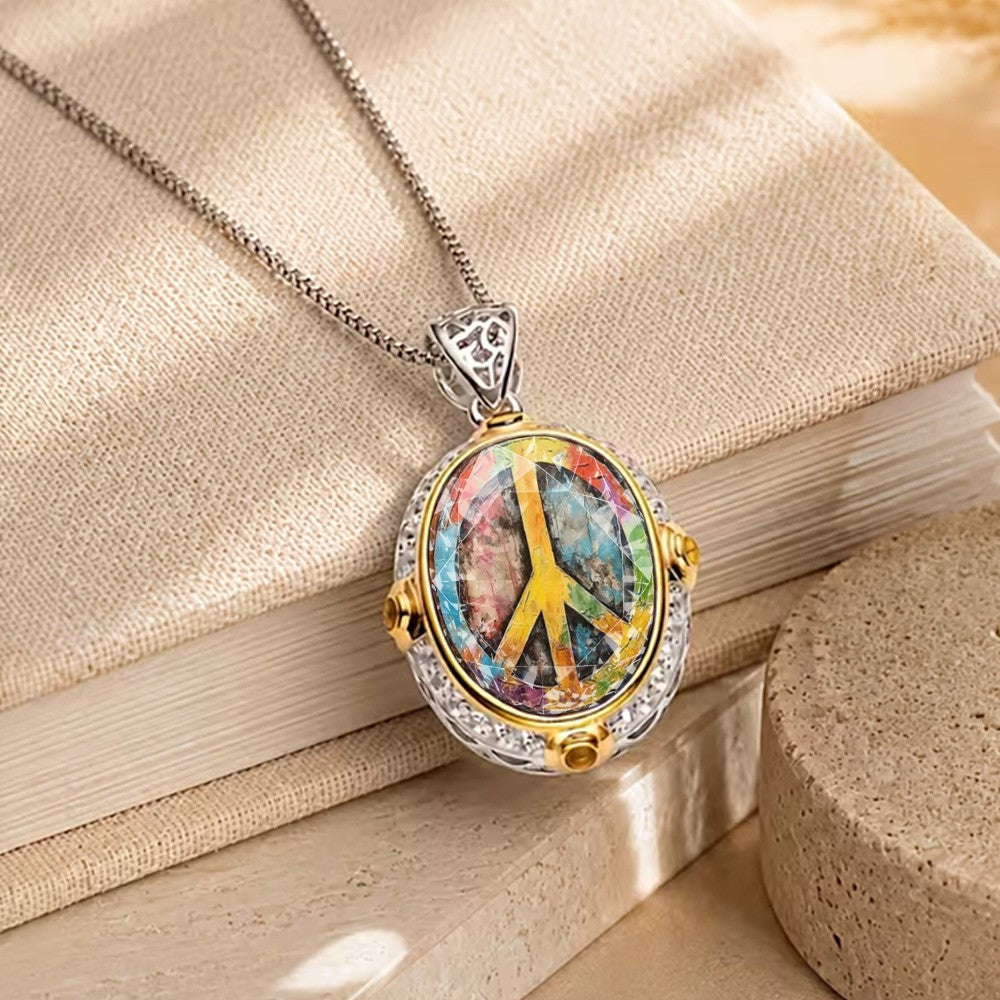 Rainbow Peace Sign Oval Pendant Necklace