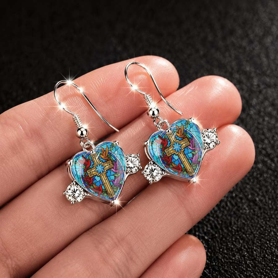 Stained Glass Heart Cross Earrings