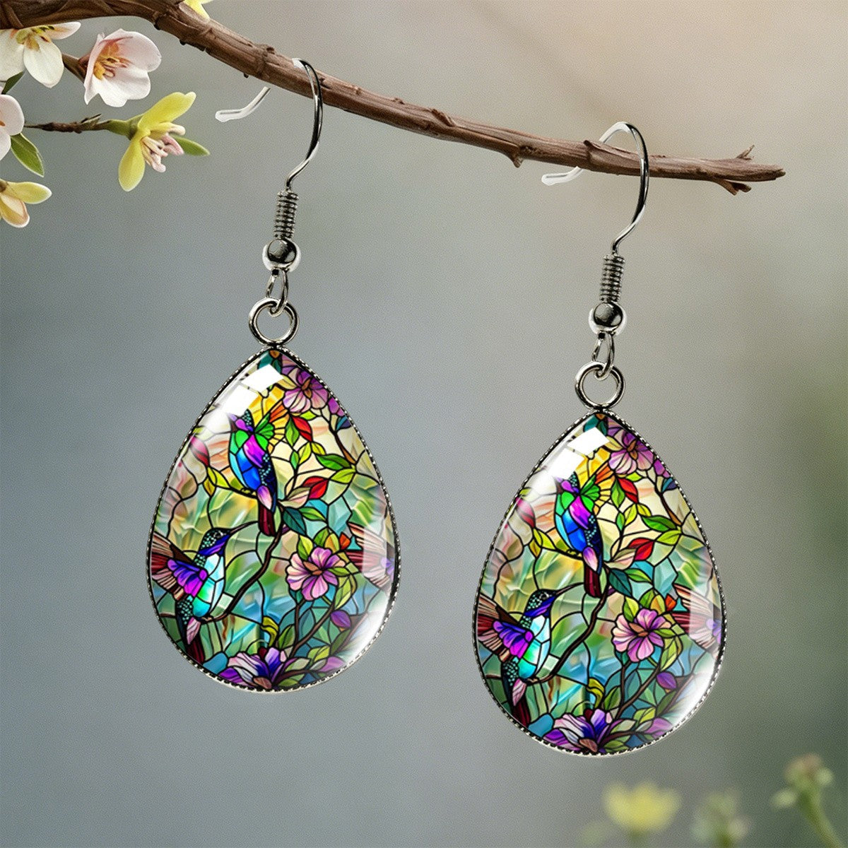 Stained Glass Hummingbird Teardrop Earrings