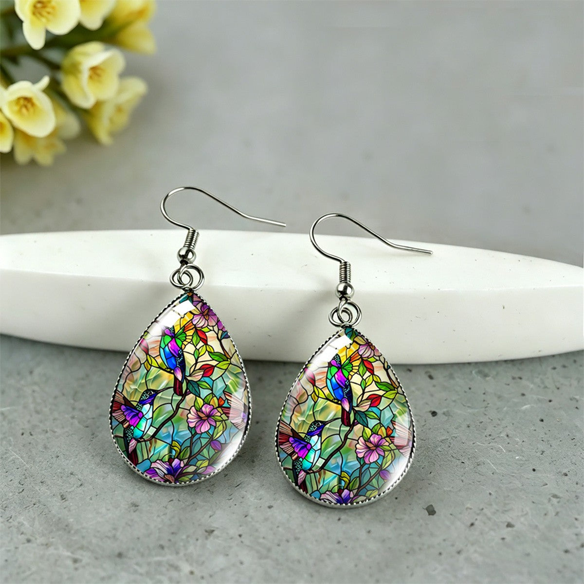 Stained Glass Hummingbird Teardrop Earrings