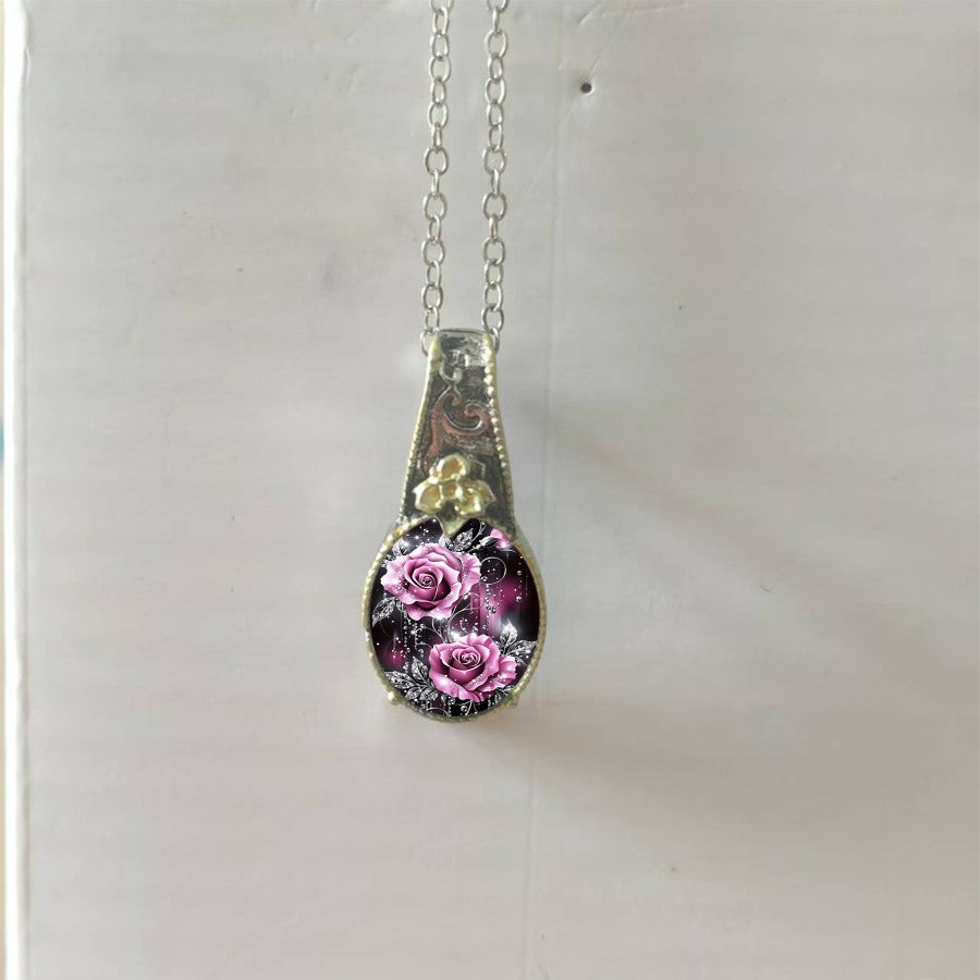 Pink Rose Glass Cabochon Necklace