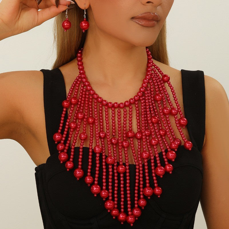 Red Beaded Fringe Necklace & Earring Set