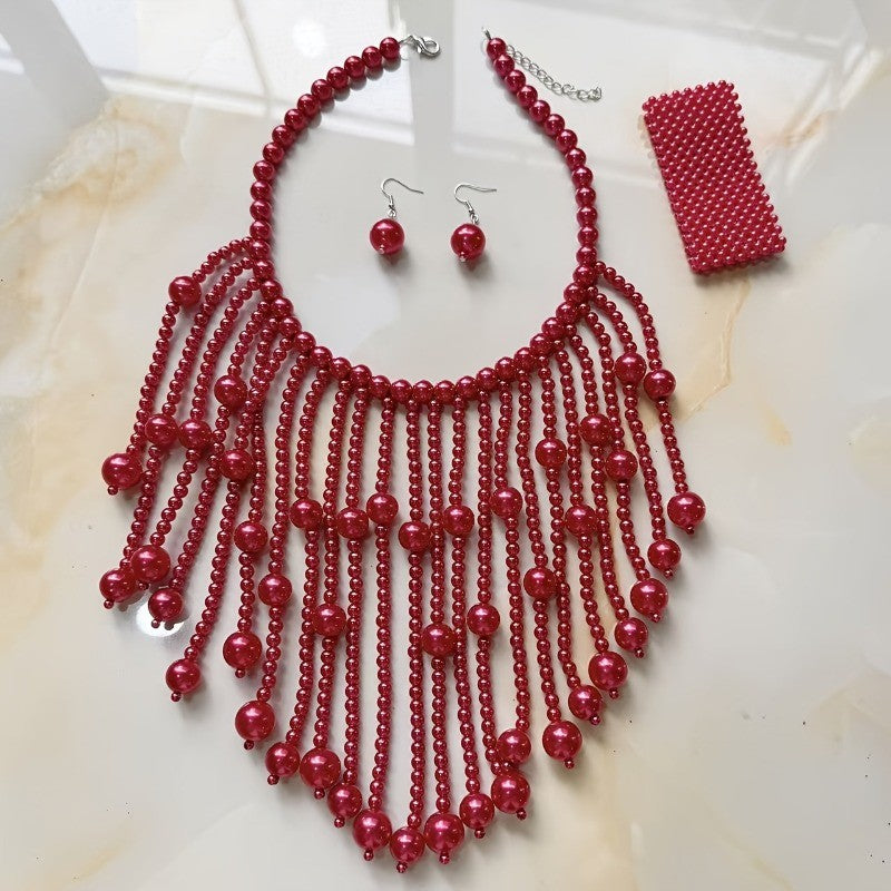 Red Beaded Fringe Necklace & Earring Set