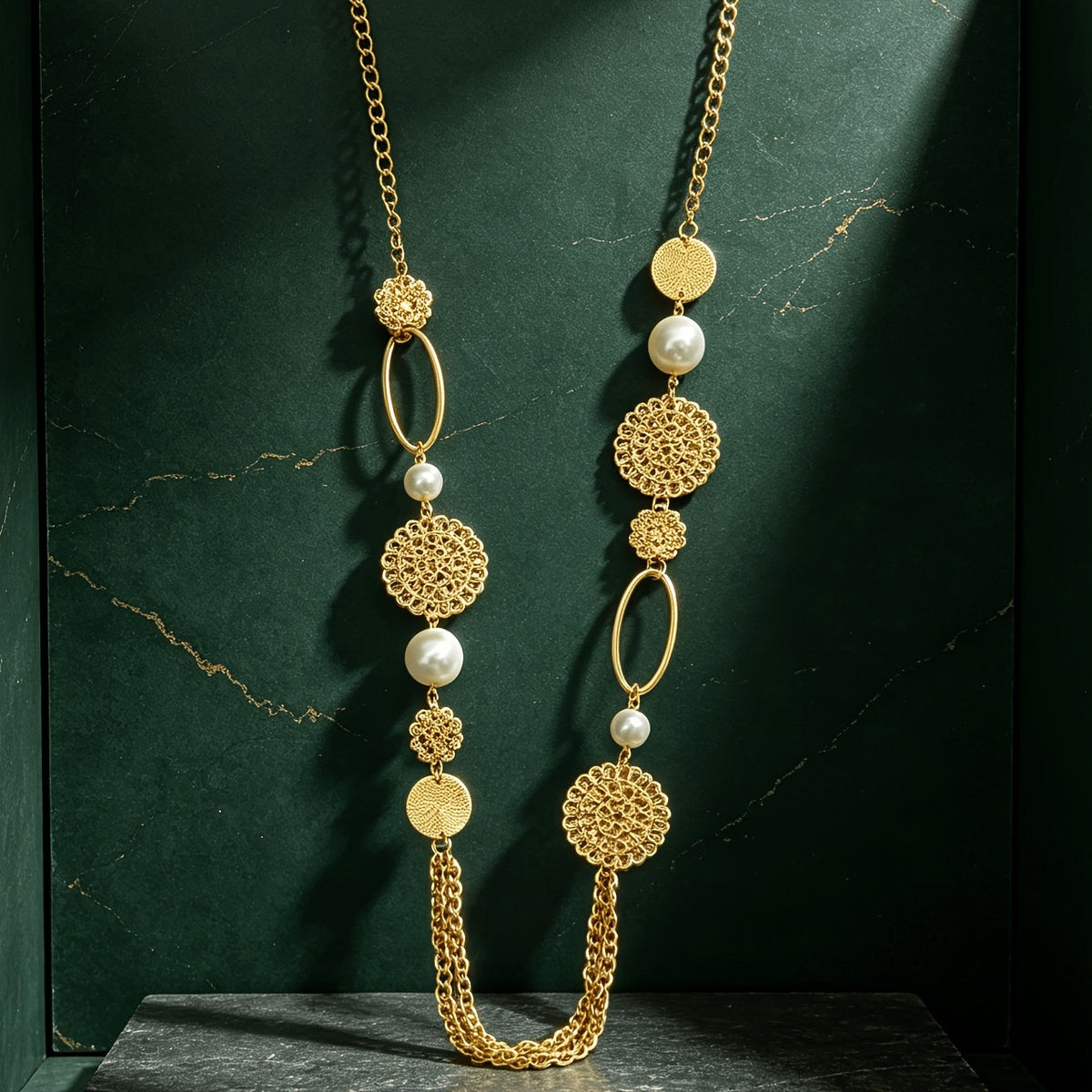 Faux Pearl & Filigree Medallion Long Necklace
