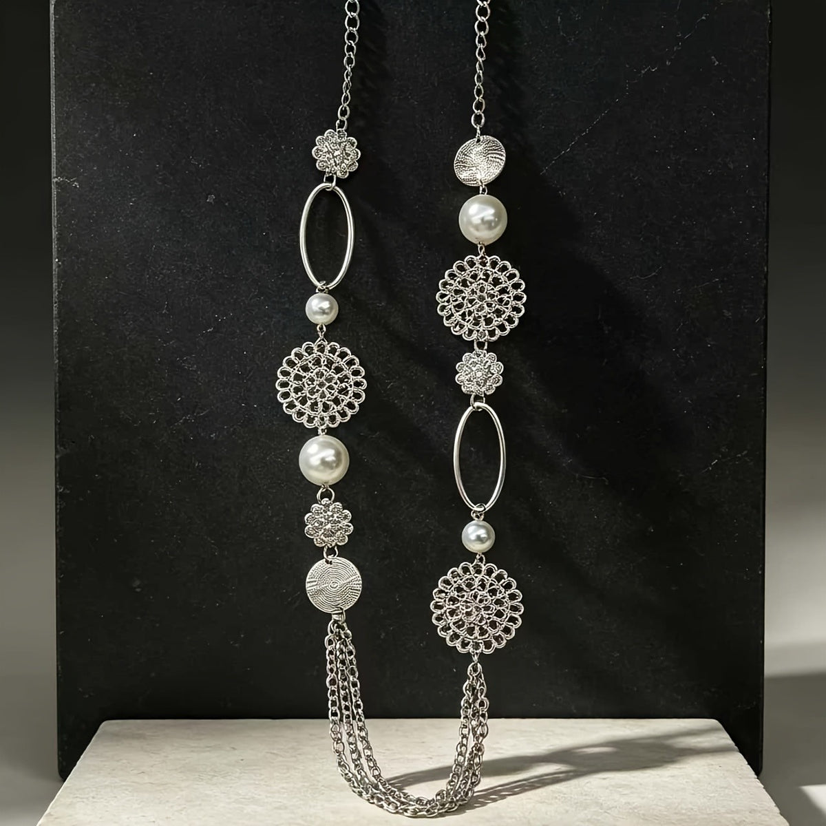 Faux Pearl & Filigree Medallion Long Necklace