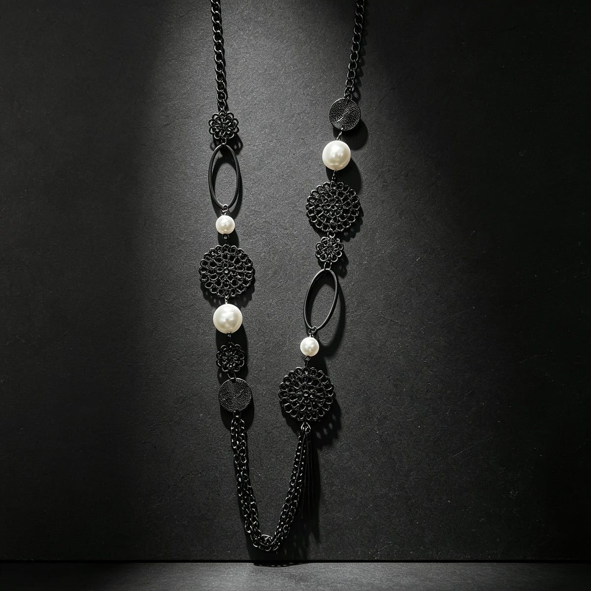 Faux Pearl & Filigree Medallion Long Necklace