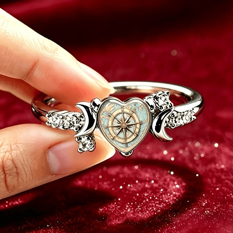 Compass Map Heart Ring