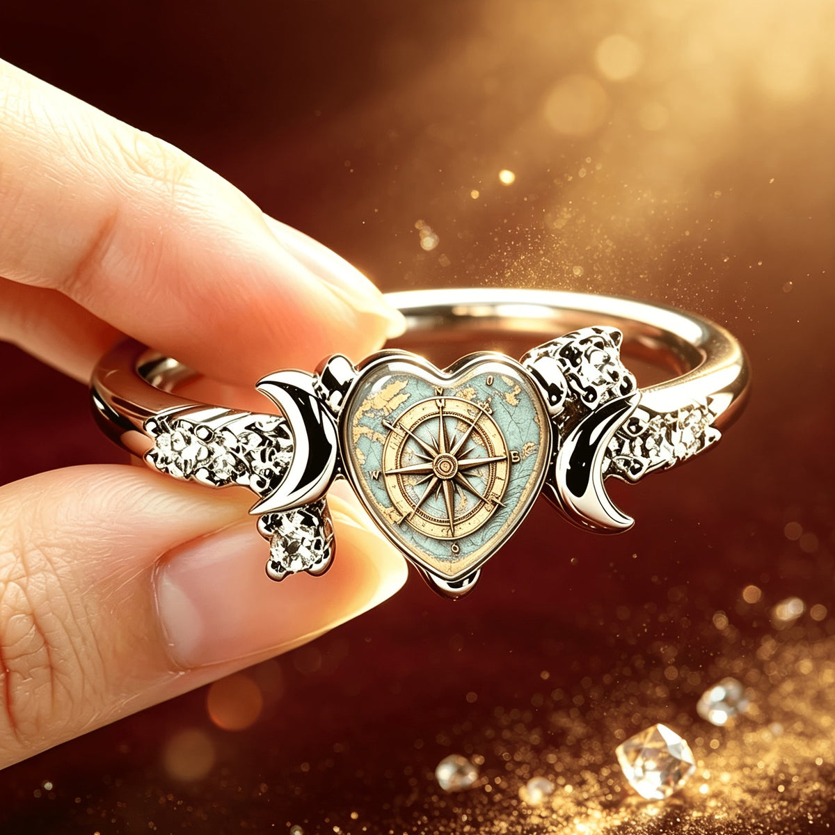 Compass Map Heart Ring