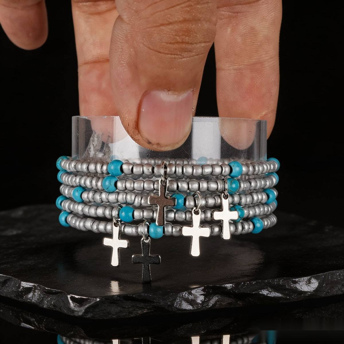 Turquoise Bead & Cross Charm Bracelet Set