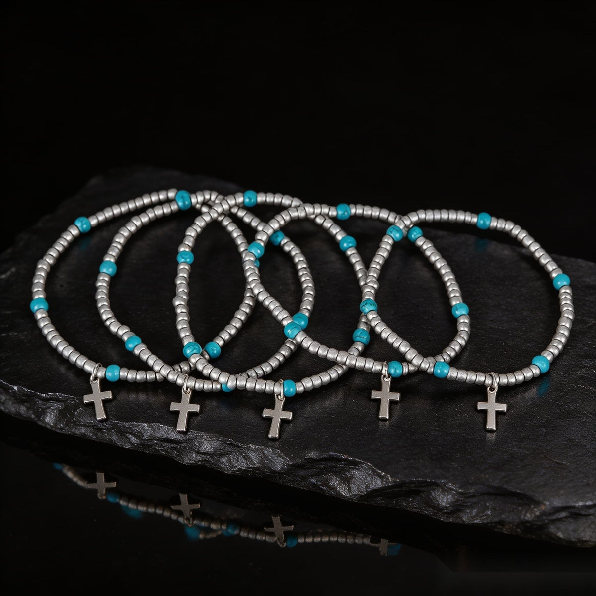 Turquoise Bead & Cross Charm Bracelet Set