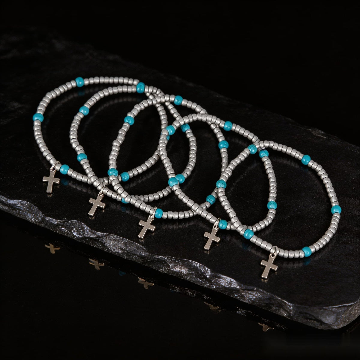 Turquoise Bead & Cross Charm Bracelet Set