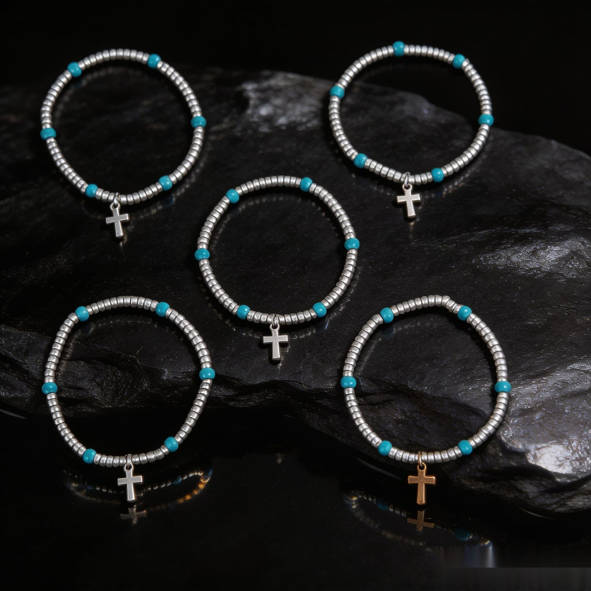 Turquoise Bead & Cross Charm Bracelet Set