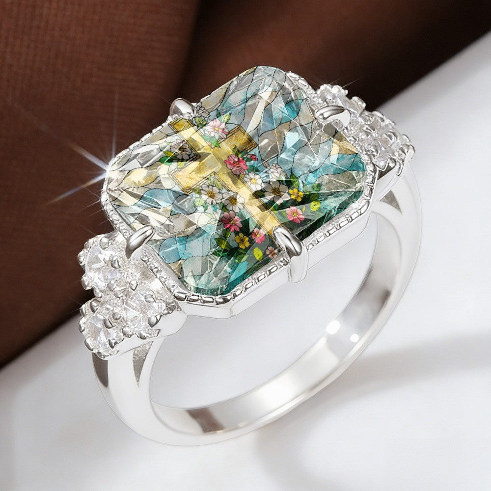 Stained Glass Floral Cross Ring