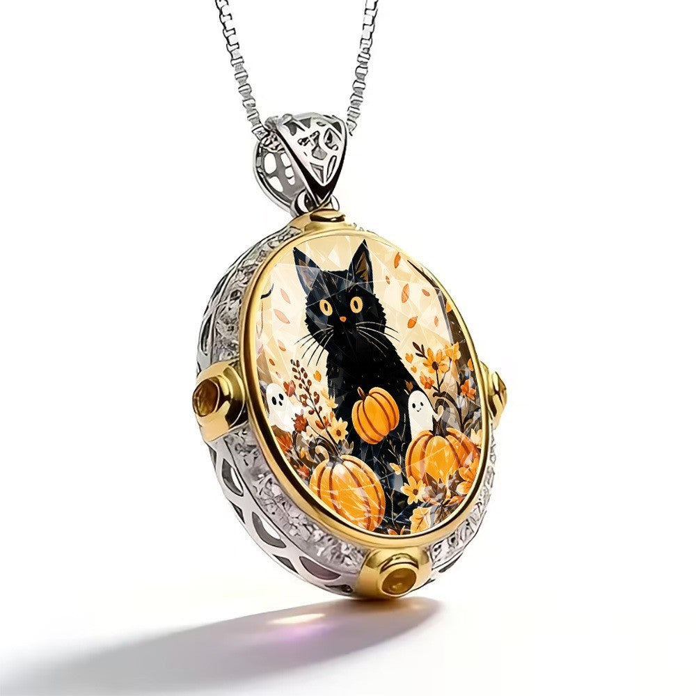 Black Cat & Pumpkin Oval Necklace