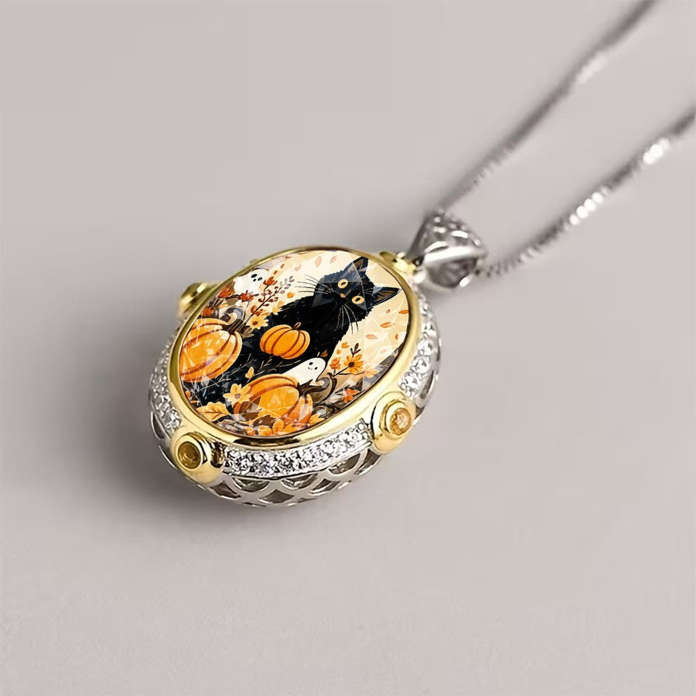 Black Cat & Pumpkin Oval Necklace