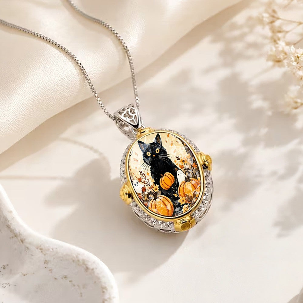 Black Cat & Pumpkin Oval Necklace