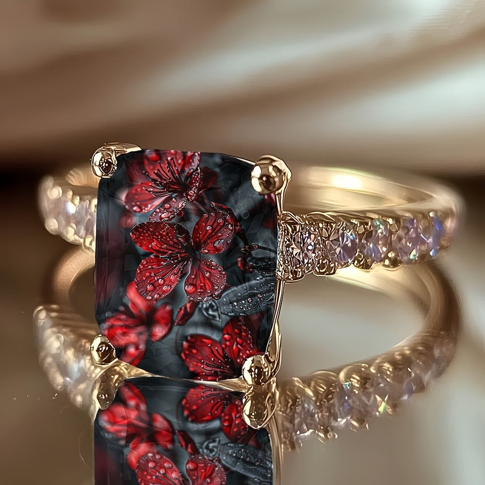 Red Floral Square Ring