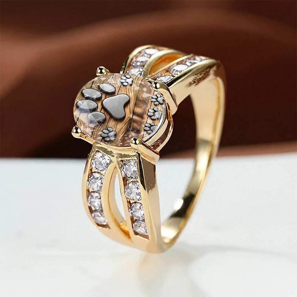 Striped Paw Print Crystal Ring