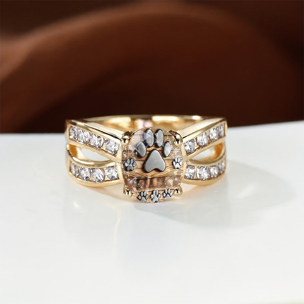 Striped Paw Print Crystal Ring