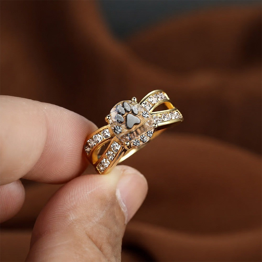Striped Paw Print Crystal Ring