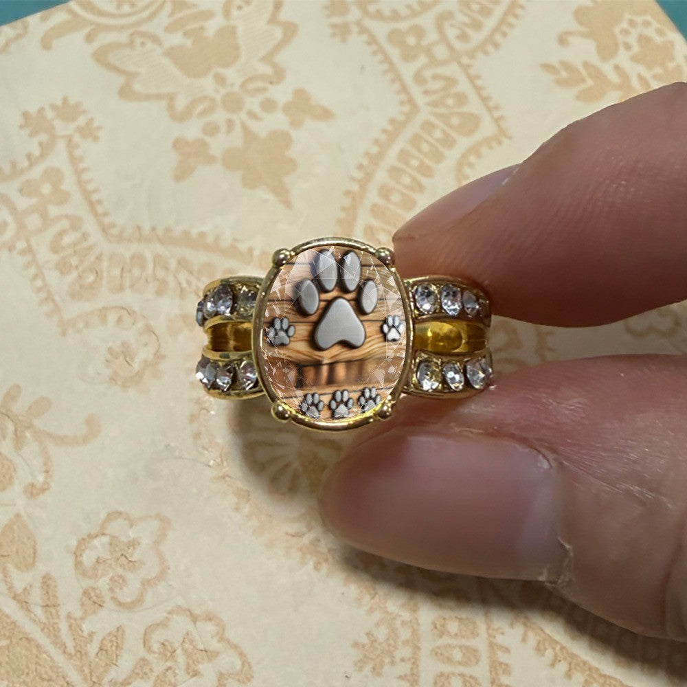Striped Paw Print Crystal Ring