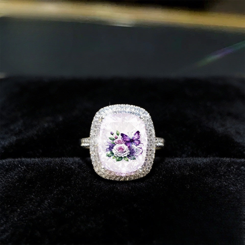 Purple Butterfly & Rose Square Ring